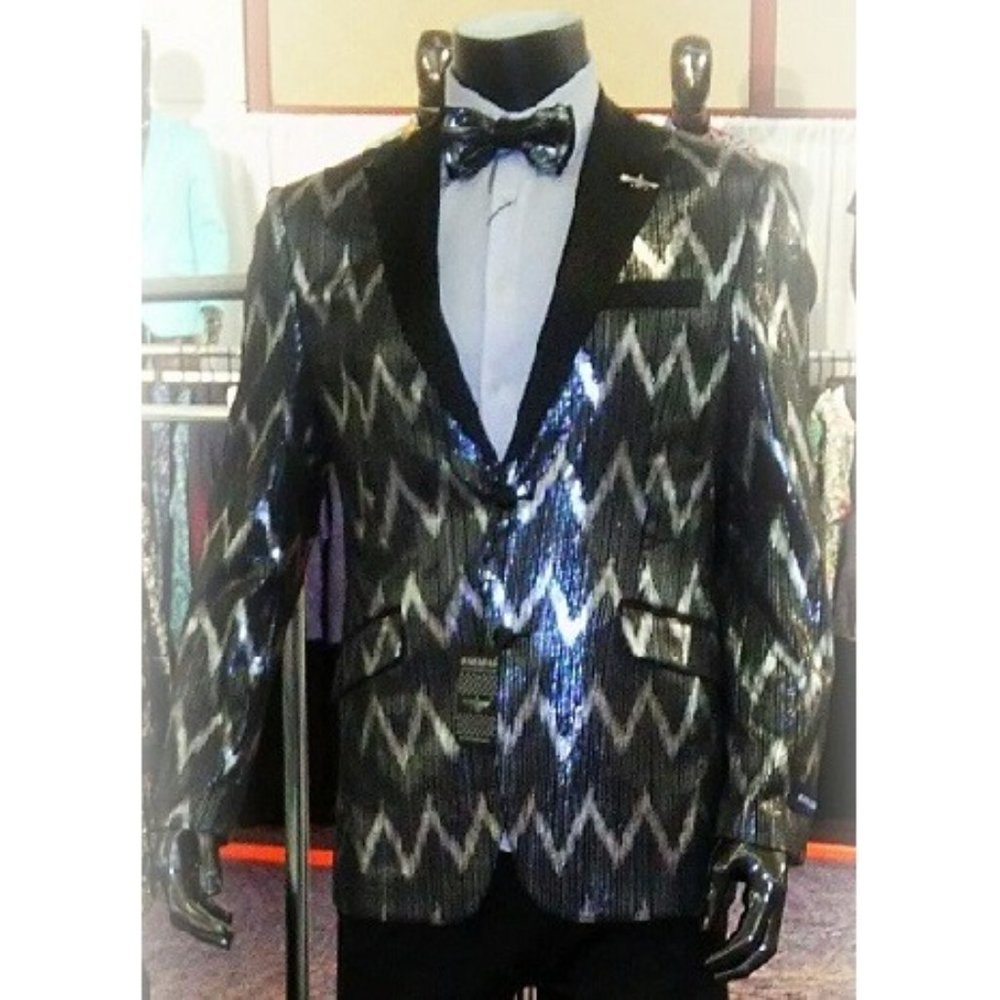 🆕 ZIG ZAG JACQUARD PATTERN DINNER JACKET/BLAZER - BLACK/SILVER - SLIM FIT - MEN